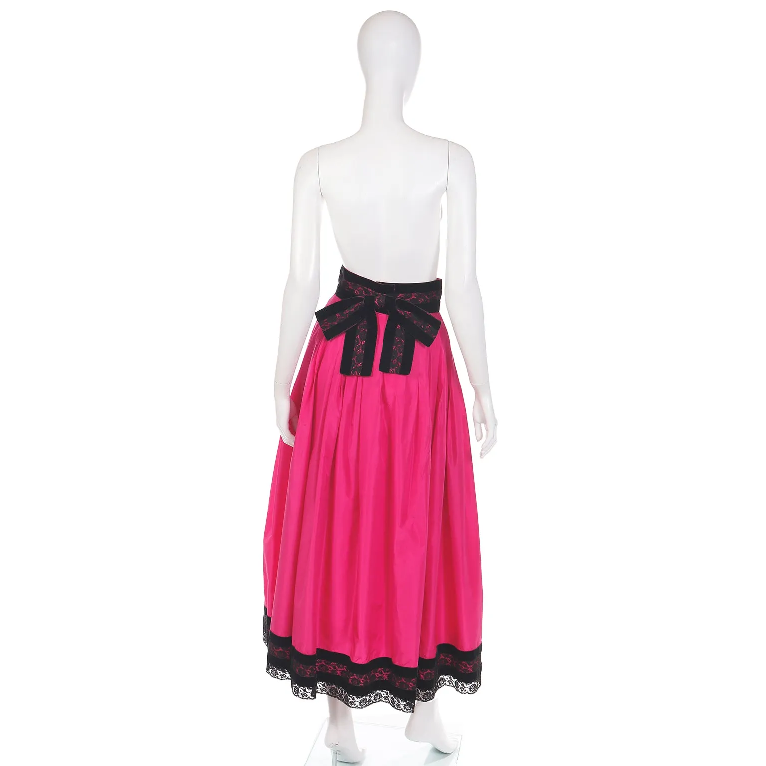 1980s Oscar de la Renta Pink Silk Taffeta Maxi Skirt with Black Velvet & Lace