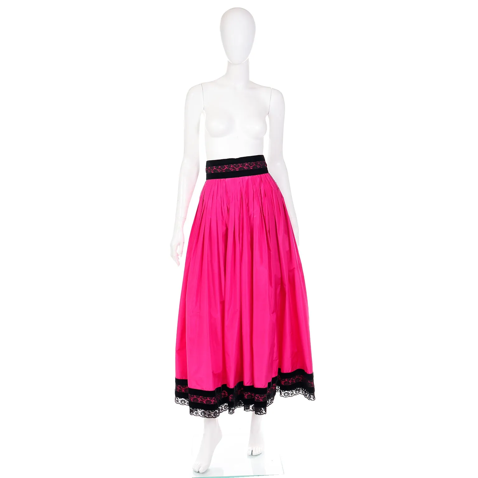 1980s Oscar de la Renta Pink Silk Taffeta Maxi Skirt with Black Velvet & Lace