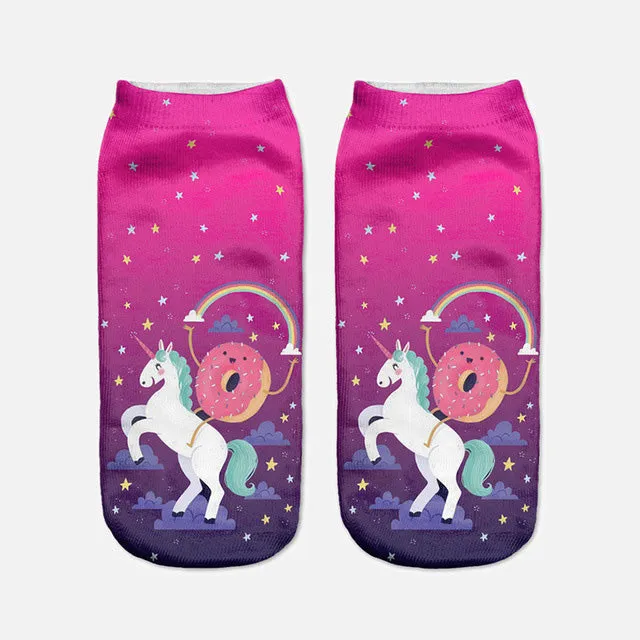 2017 Harajuku 3D Print Unicorn Socks Women Kawaii Ankle Licorne Chaussette Femme Calcetines Mujer Cute Emoji Art Socks D072