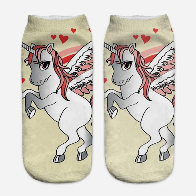 2017 Harajuku 3D Print Unicorn Socks Women Kawaii Ankle Licorne Chaussette Femme Calcetines Mujer Cute Emoji Art Socks D072