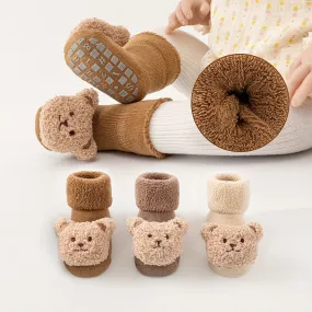 3 Pairs Of Winter Cute Bear Doll Decor Thick Socks For Baby Boys And Girls, Non-slip Toddler Socks