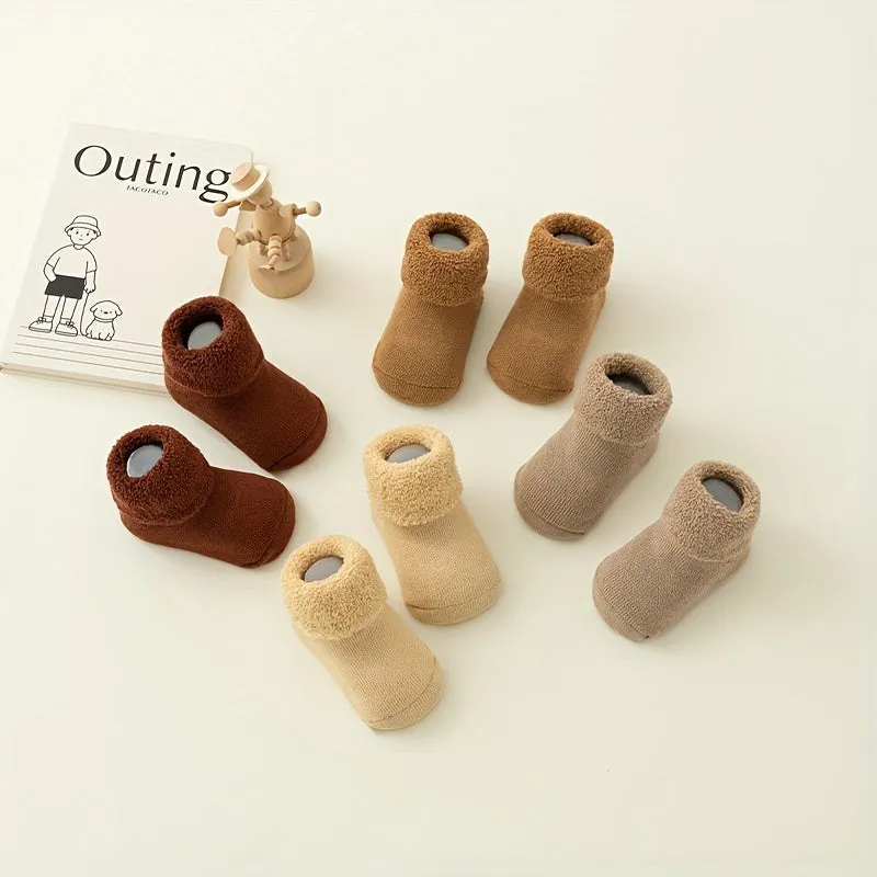 4 Pairs of Soft and Warm Baby Socks with Non-Slip Grips for Fall/Winter - Suitable for Infants 12 Months and Under