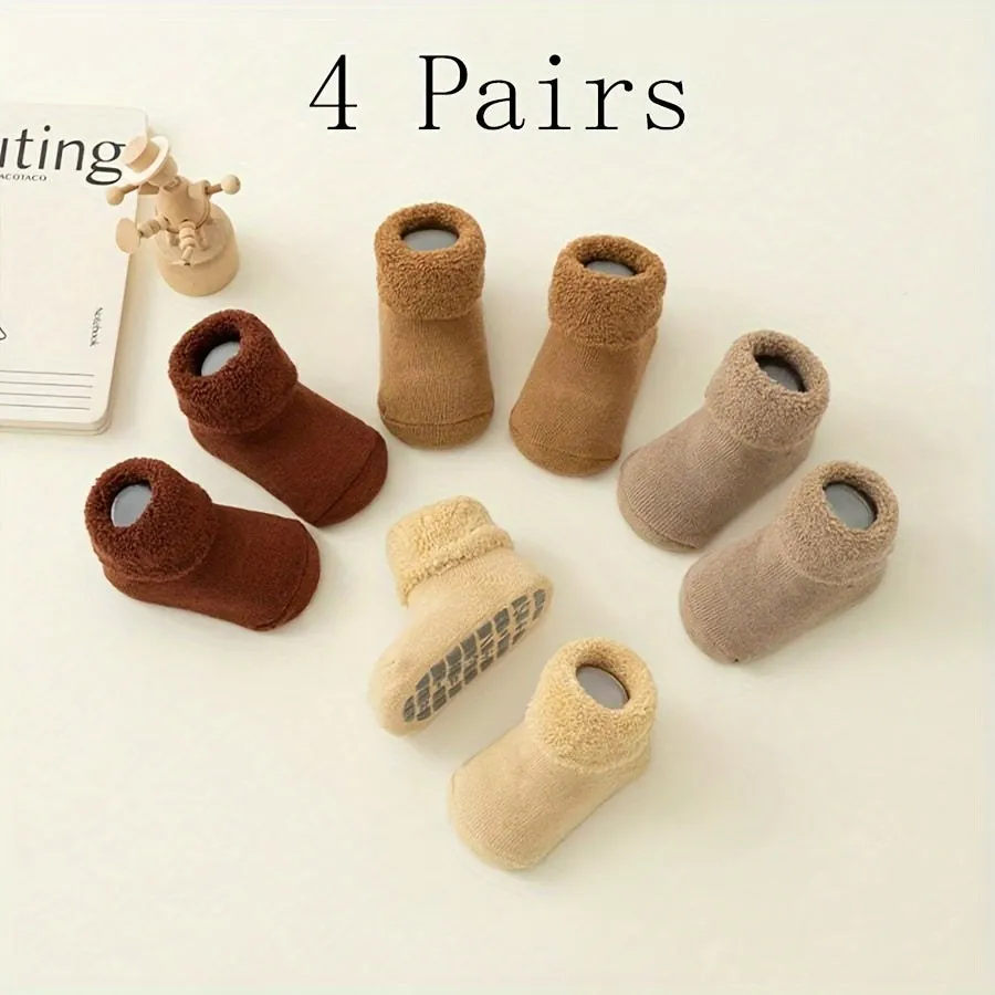 4 Pairs of Soft and Warm Baby Socks with Non-Slip Grips for Fall/Winter - Suitable for Infants 12 Months and Under