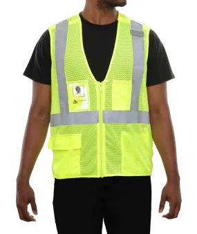 508STLM Safety Vest: Hi-Vis Vest: Clear ID Pocket: 5pt Breakaway: Lime Zip Mesh