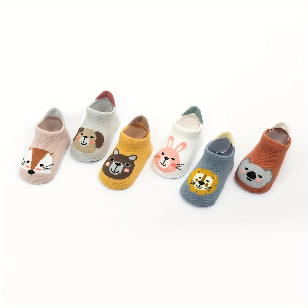 6 Pairs Of Girl's Adorable Animals Pattern Floor Socks With Non Slip Grains, Comfy Casual Soft & Elastic Socks For Kid's Outdoor Activities