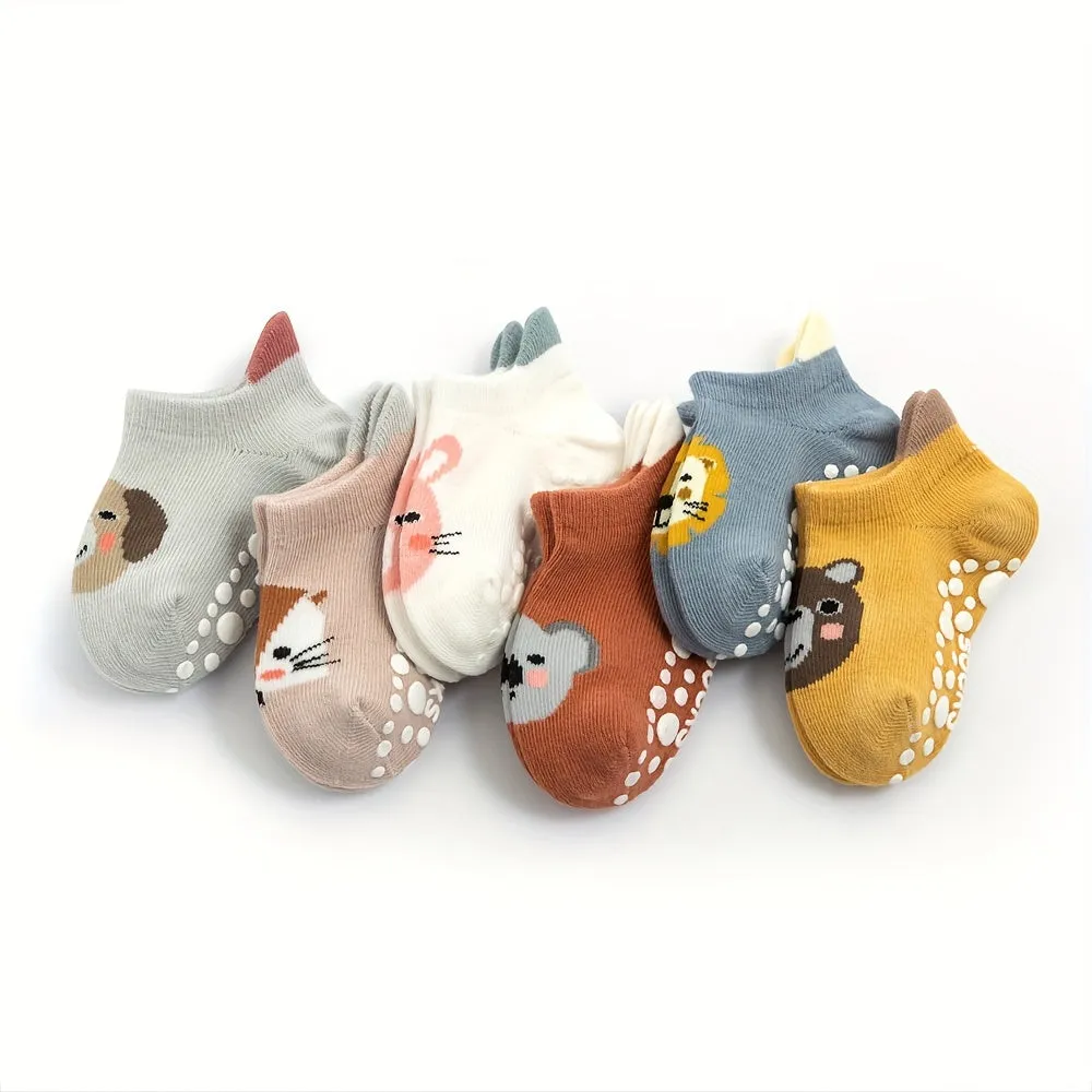 6 Pairs Of Girl's Adorable Animals Pattern Floor Socks With Non Slip Grains, Comfy Casual Soft & Elastic Socks For Kid's Outdoor Activities