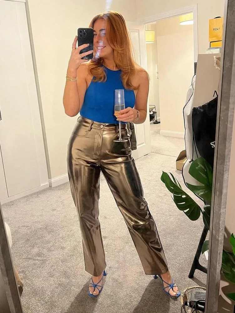 A&A Metallic Straight Leg High Waist Trousers