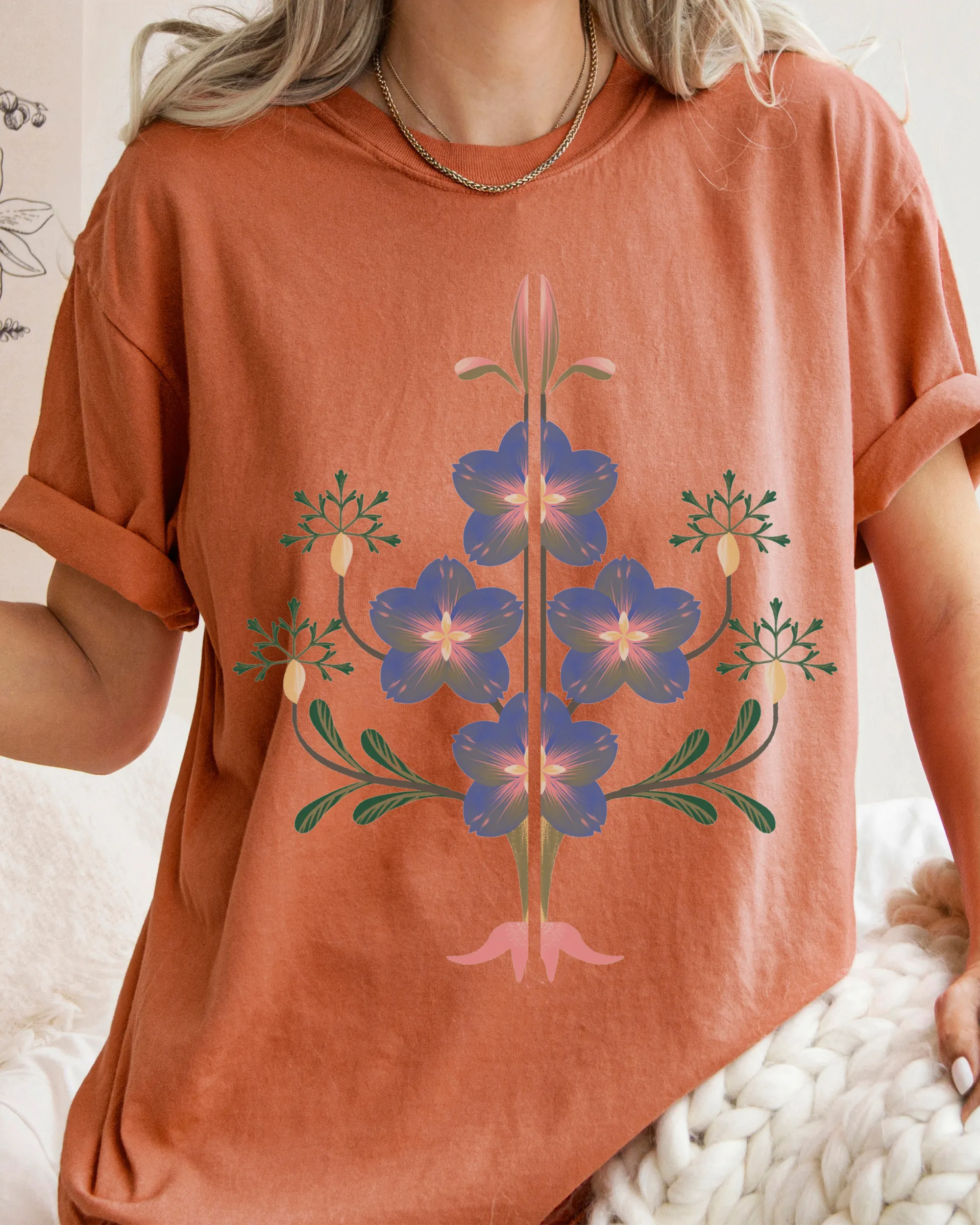 Abstract Violets Boho Comfort Colors T-Shirt, Women's Boho Distressed-Look Design, Folk Art Design T-Shirt