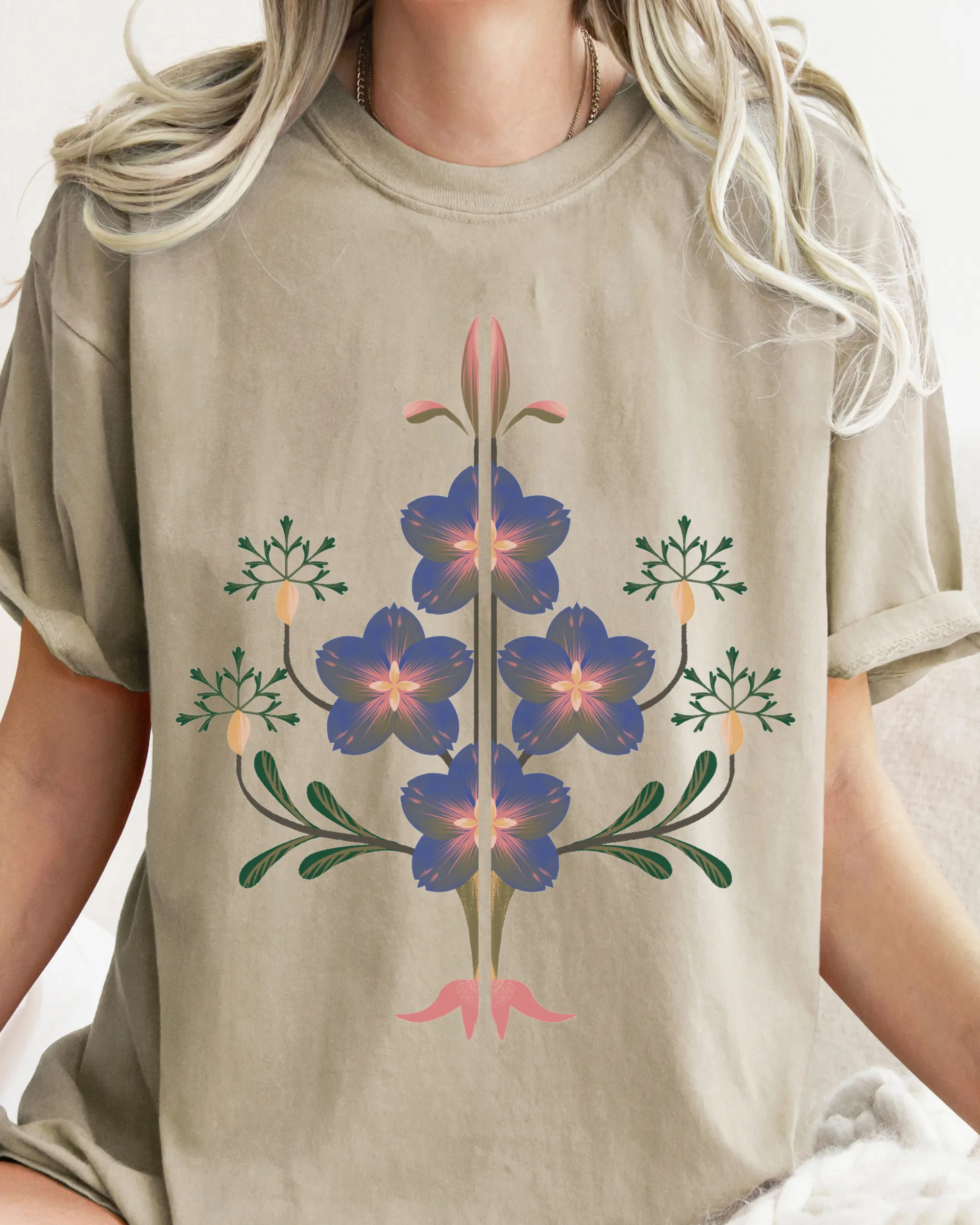 Abstract Violets Boho Comfort Colors T-Shirt, Women's Boho Distressed-Look Design, Folk Art Design T-Shirt