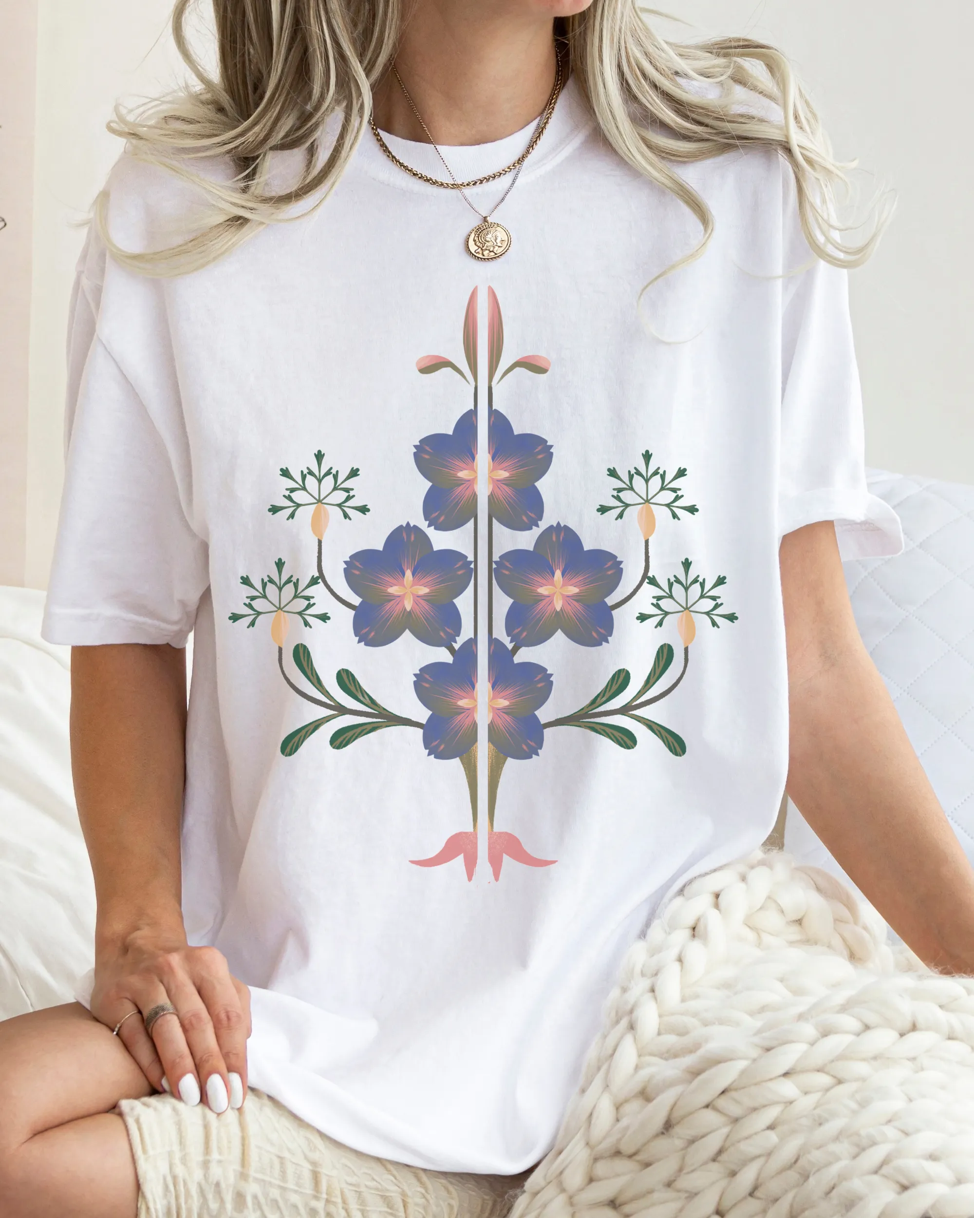 Abstract Violets Boho Comfort Colors T-Shirt, Women's Boho Distressed-Look Design, Folk Art Design T-Shirt