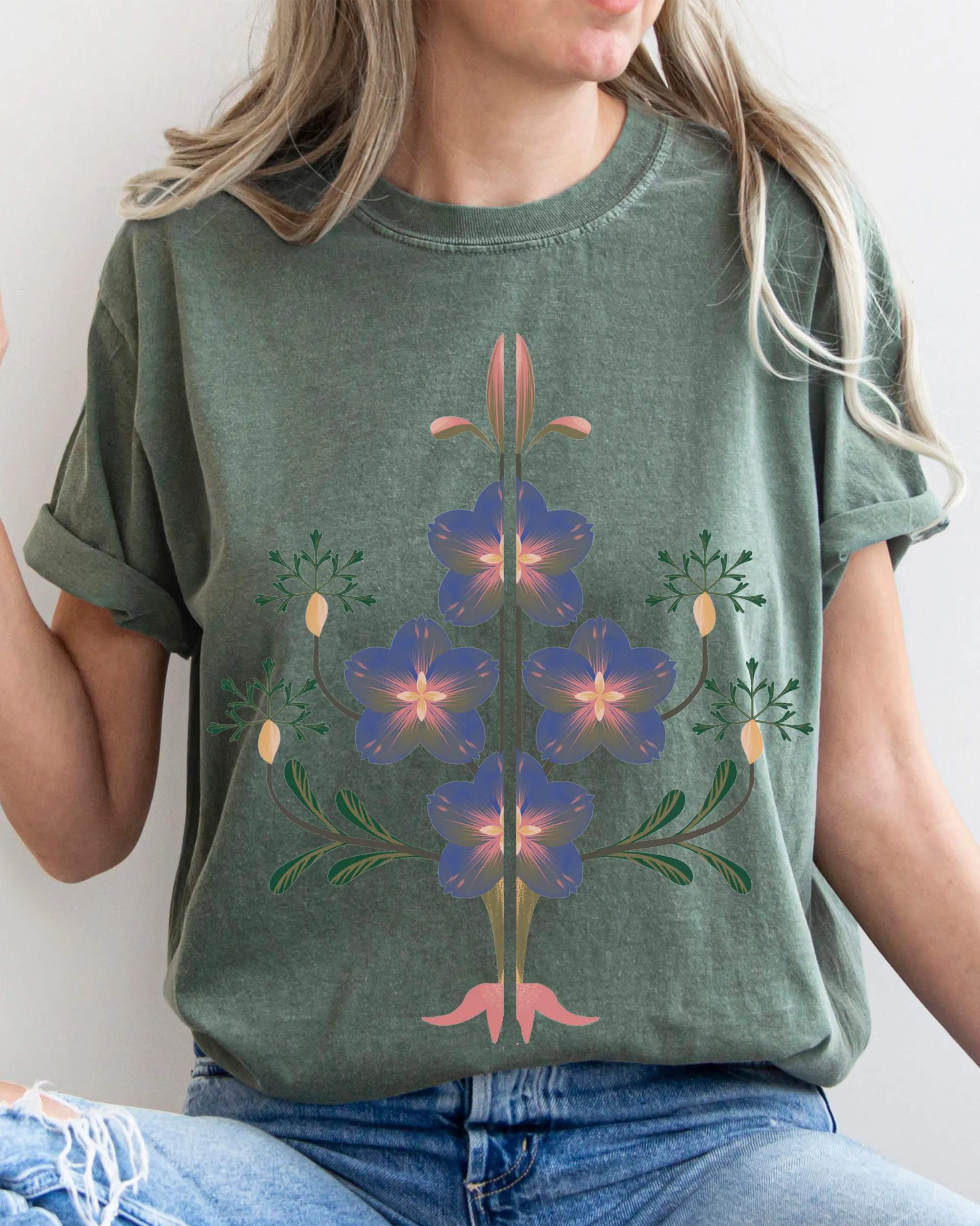 Abstract Violets Boho Comfort Colors T-Shirt, Women's Boho Distressed-Look Design, Folk Art Design T-Shirt