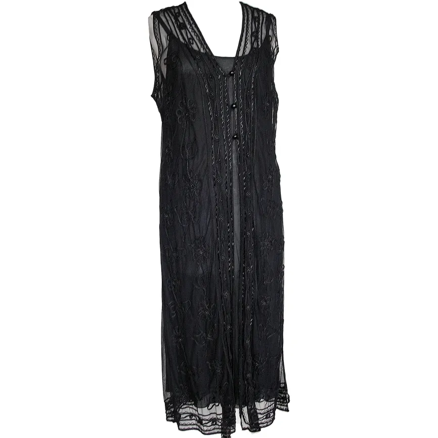 Adini Net and Ribbon Sleeveless Long Sheer Vest with Beads