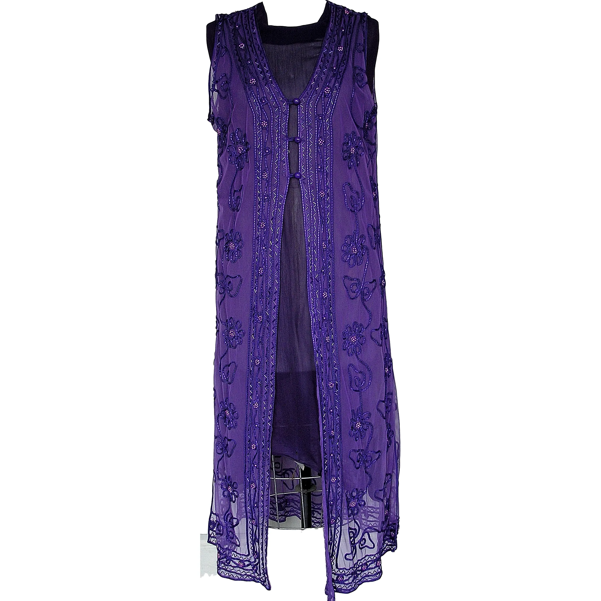 Adini Net and Ribbon Sleeveless Long Sheer Vest with Beads