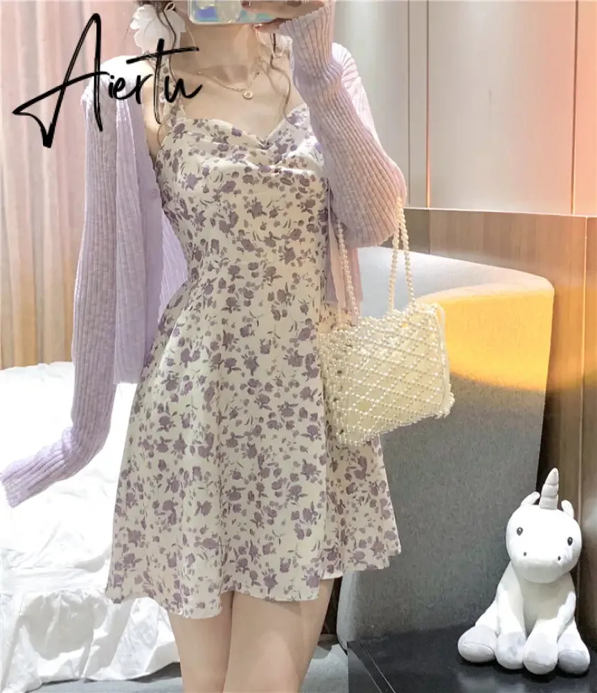 Aiertu Floral Slip Dress Fairy Dress Ladies Mini A-line Strap Dress  High Waist Ruched Purple Sundress For Women Spring  Clothing Robe Femme