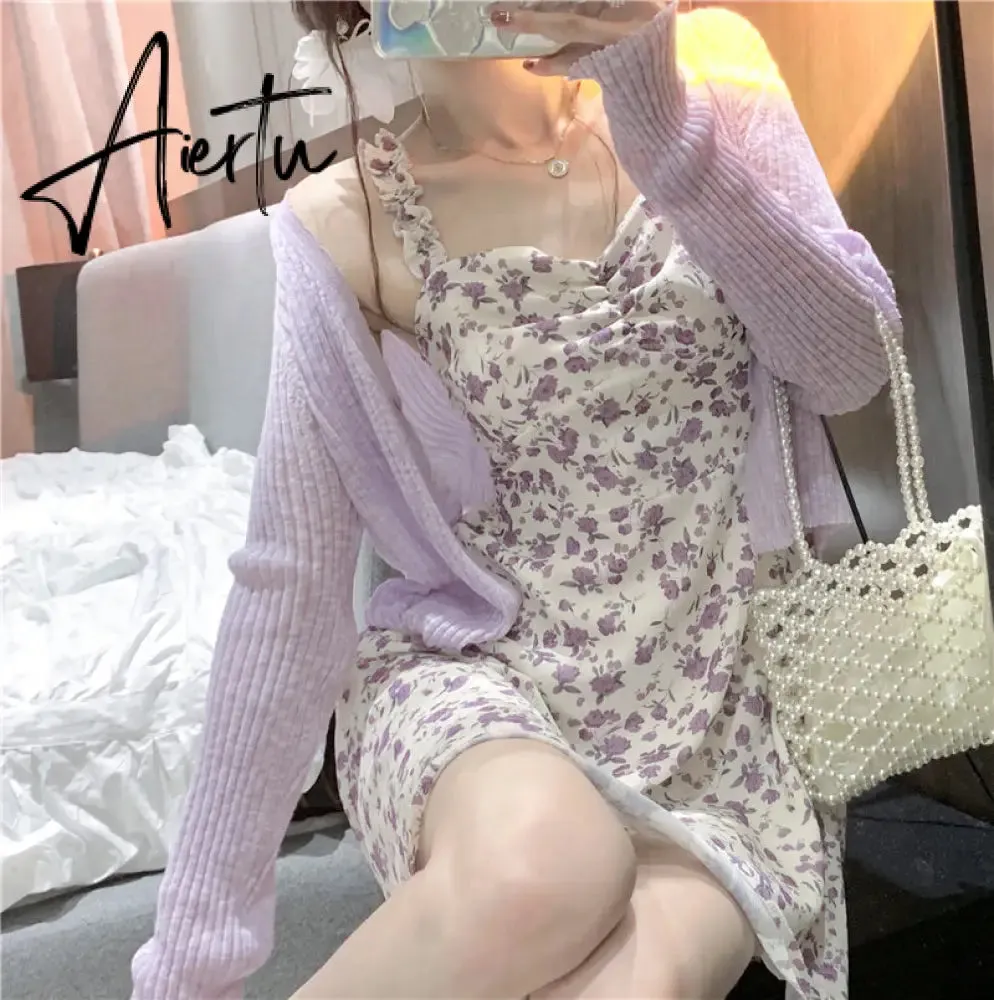 Aiertu Floral Slip Dress Fairy Dress Ladies Mini A-line Strap Dress  High Waist Ruched Purple Sundress For Women Spring  Clothing Robe Femme