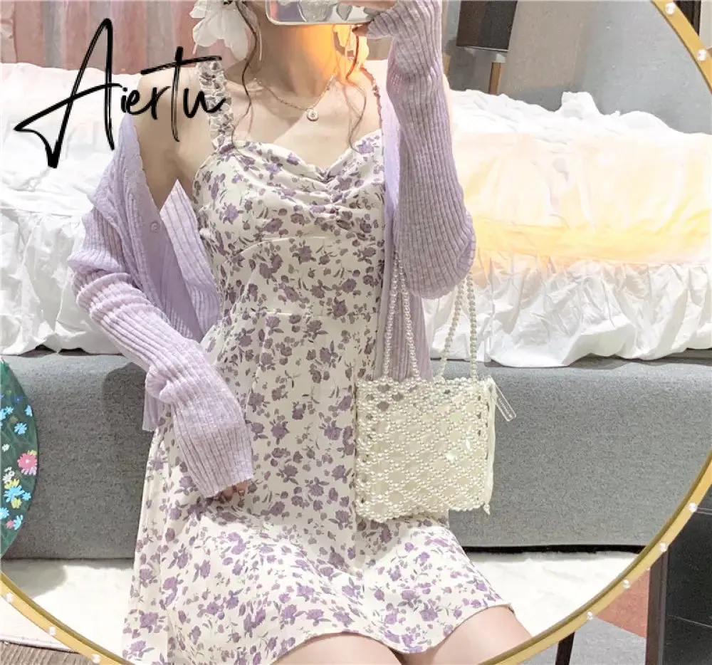 Aiertu Floral Slip Dress Fairy Dress Ladies Mini A-line Strap Dress  High Waist Ruched Purple Sundress For Women Spring  Clothing Robe Femme