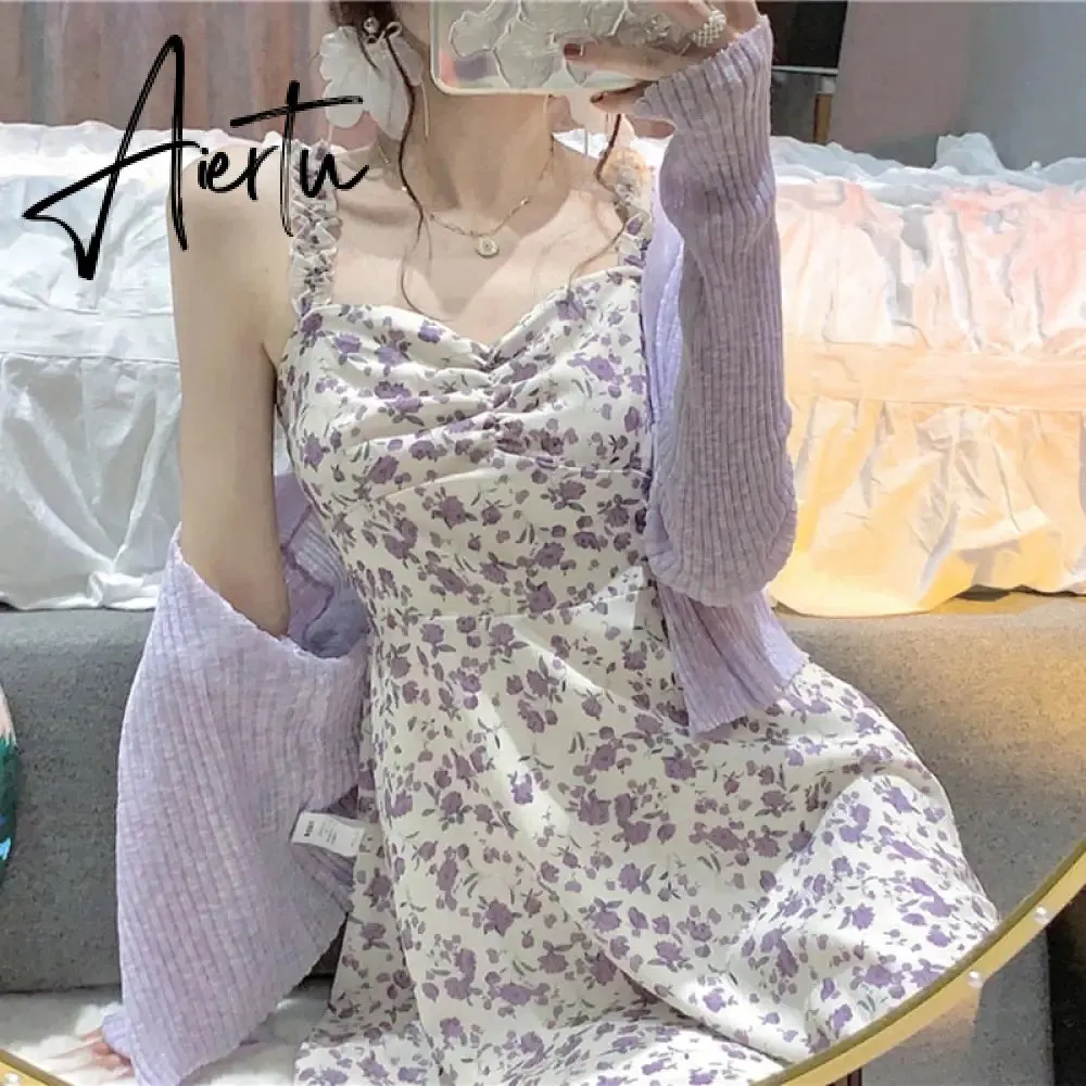 Aiertu Floral Slip Dress Fairy Dress Ladies Mini A-line Strap Dress  High Waist Ruched Purple Sundress For Women Spring  Clothing Robe Femme