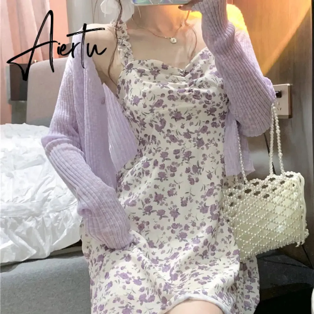 Aiertu Floral Slip Dress Fairy Dress Ladies Mini A-line Strap Dress  High Waist Ruched Purple Sundress For Women Spring  Clothing Robe Femme