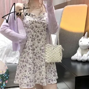 Aiertu Floral Slip Dress Fairy Dress Ladies Mini A-line Strap Dress  High Waist Ruched Purple Sundress For Women Spring  Clothing Robe Femme