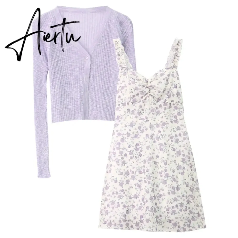 Aiertu Floral Slip Dress Fairy Dress Ladies Mini A-line Strap Dress  High Waist Ruched Purple Sundress For Women Spring  Clothing Robe Femme