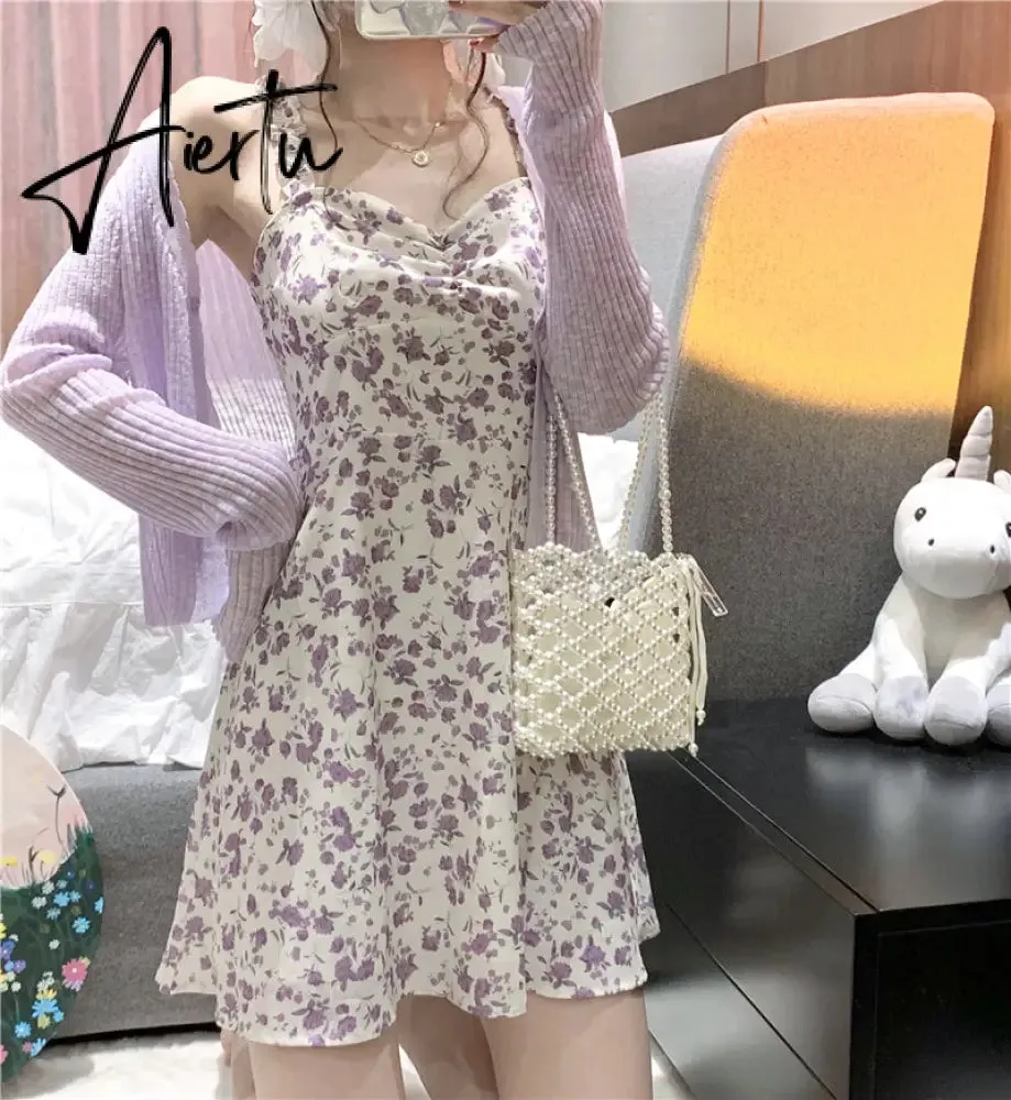 Aiertu Floral Slip Dress Fairy Dress Ladies Mini A-line Strap Dress  High Waist Ruched Purple Sundress For Women Spring  Clothing Robe Femme