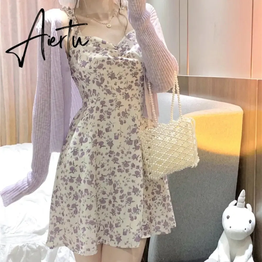 Aiertu Floral Slip Dress Fairy Dress Ladies Mini A-line Strap Dress  High Waist Ruched Purple Sundress For Women Spring  Clothing Robe Femme