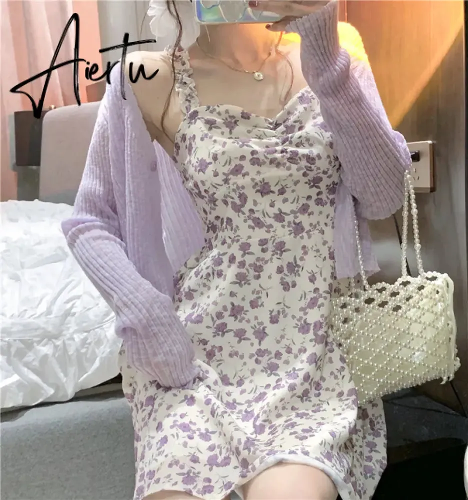 Aiertu Floral Slip Dress Fairy Dress Ladies Mini A-line Strap Dress  High Waist Ruched Purple Sundress For Women Spring  Clothing Robe Femme