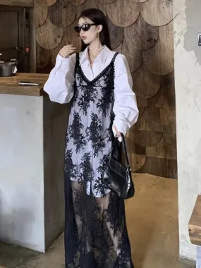 Aiertu Y2k Coquette Beach Sexy Floral Flower Embroidery Black Slip Long Dress Women Sundress Holiday Vacation Maxi Dresses