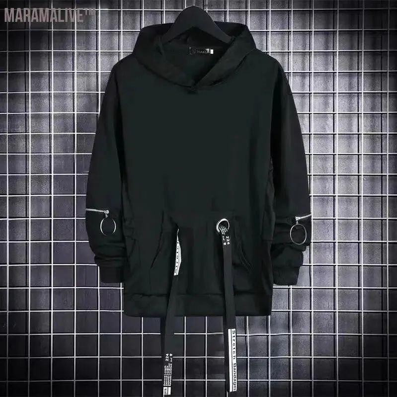 ARENS Black Men's Hoodies Goth Sweatshirt Hood Autumn Techwear Gothic Darkwear Hoodie Sweatshirts Streetwear Hip Hop Harajuku