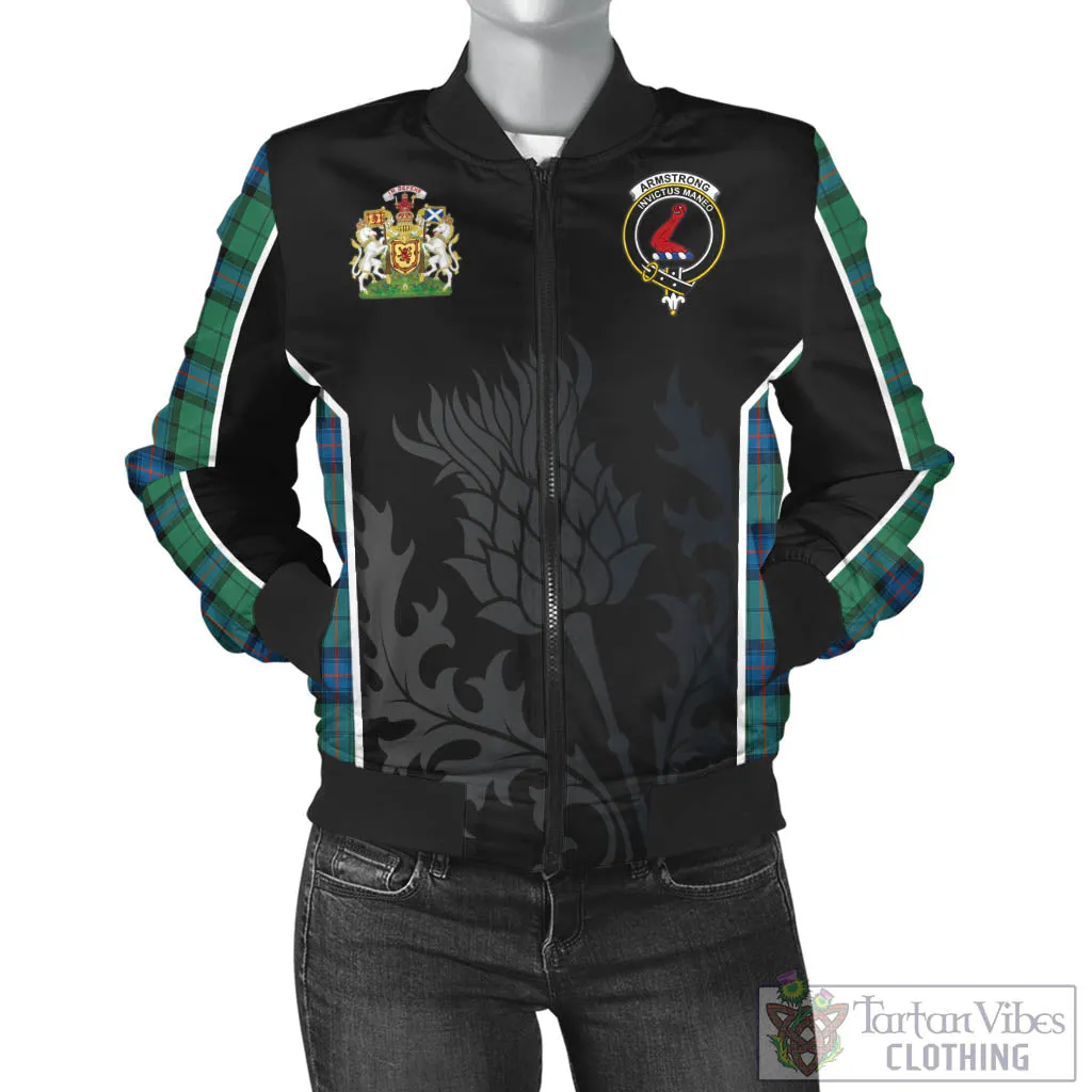 Armstrong Ancient Tartan Bomber Jacket with Family Crest and Scottish Thistle Vibes Sport Style