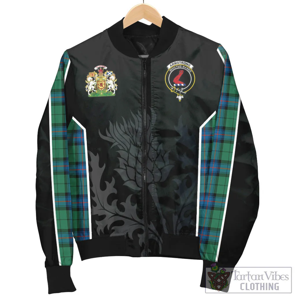 Armstrong Ancient Tartan Bomber Jacket with Family Crest and Scottish Thistle Vibes Sport Style