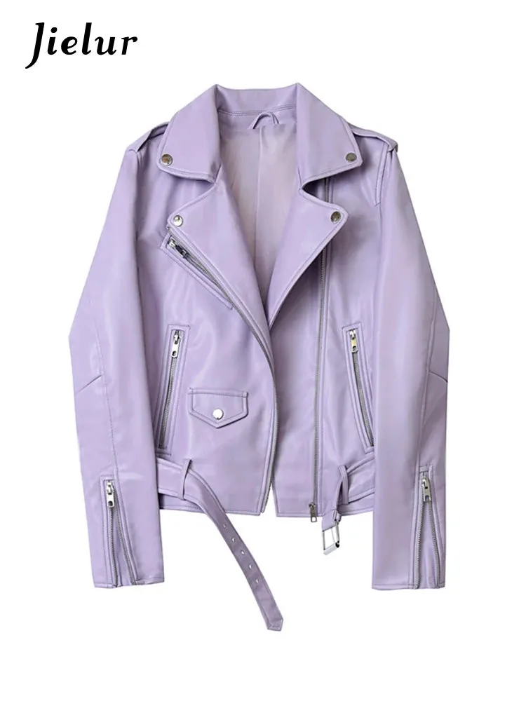 Autumn Pu Faux Leather Jacket Women Purple Zipper Slim Short Biker Jackets Coat Female Outwear Veste Femme Tops