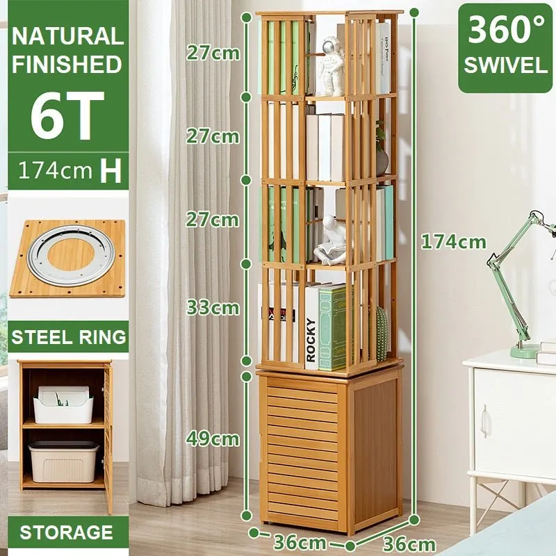 Bamboo 6 Tiers Open Bookcase with Door, Spinning Bookshelf Display Rack for Home