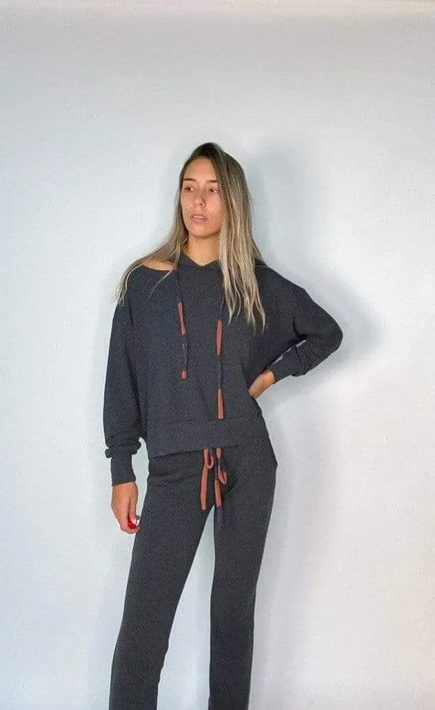 Bea Dyed Drawstring Cut Out Hoodie Charcoal