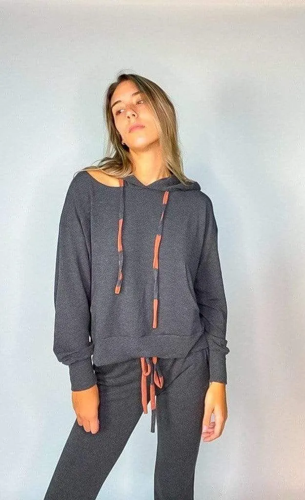 Bea Dyed Drawstring Cut Out Hoodie Charcoal