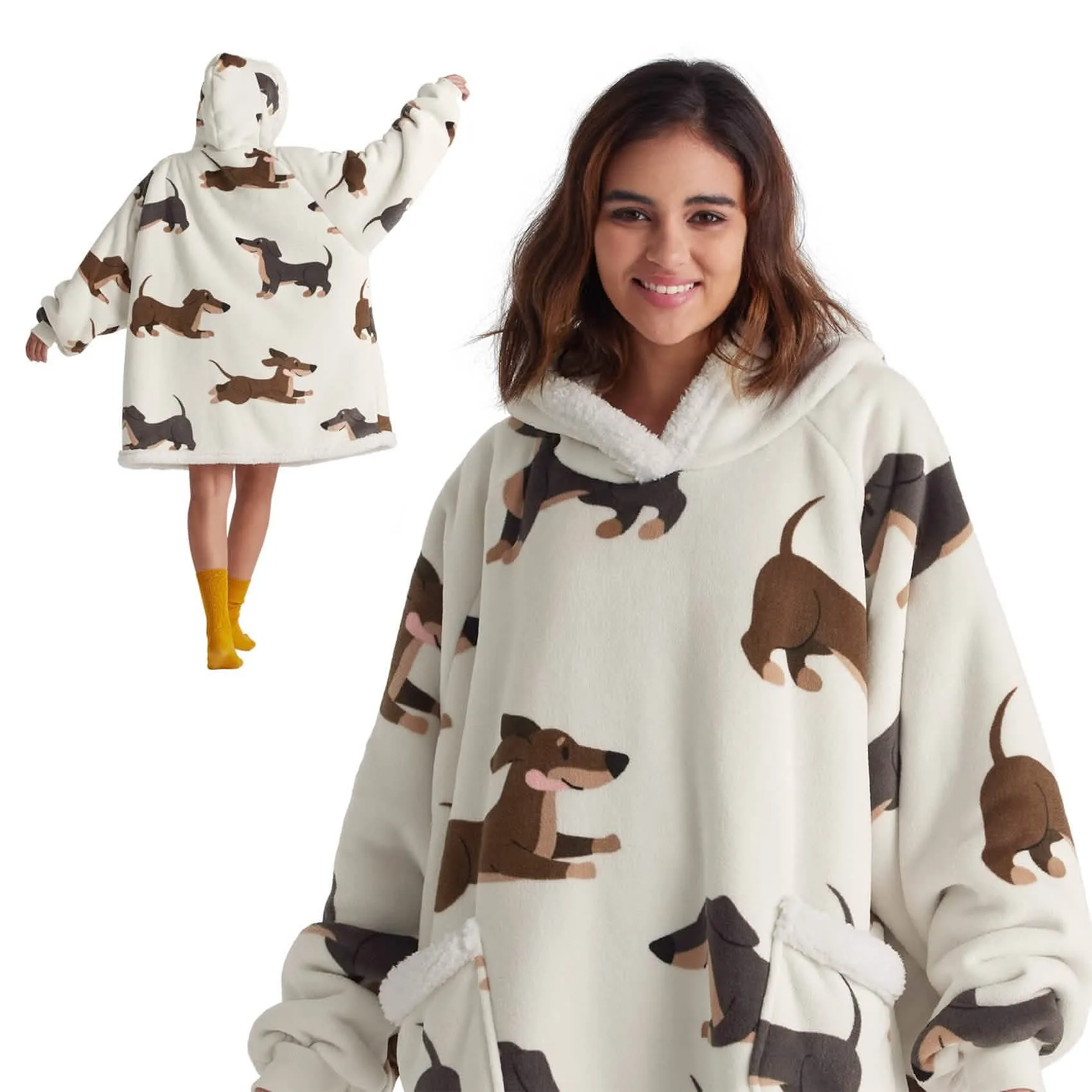 Bedsure Cute Printed Patterns Sherpa Blanket Hoodie Grey