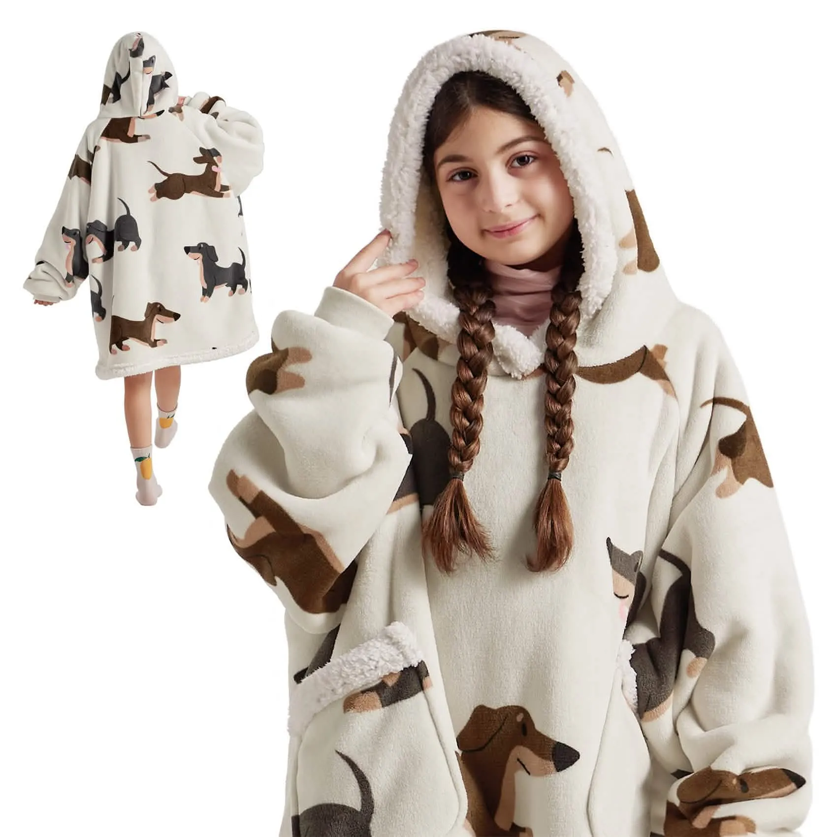 Bedsure Cute Printed Patterns Sherpa Blanket Hoodie Grey