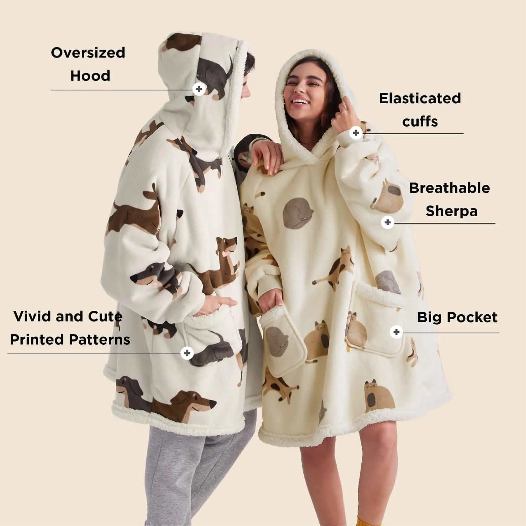 Bedsure Cute Printed Patterns Sherpa Blanket Hoodie Grey