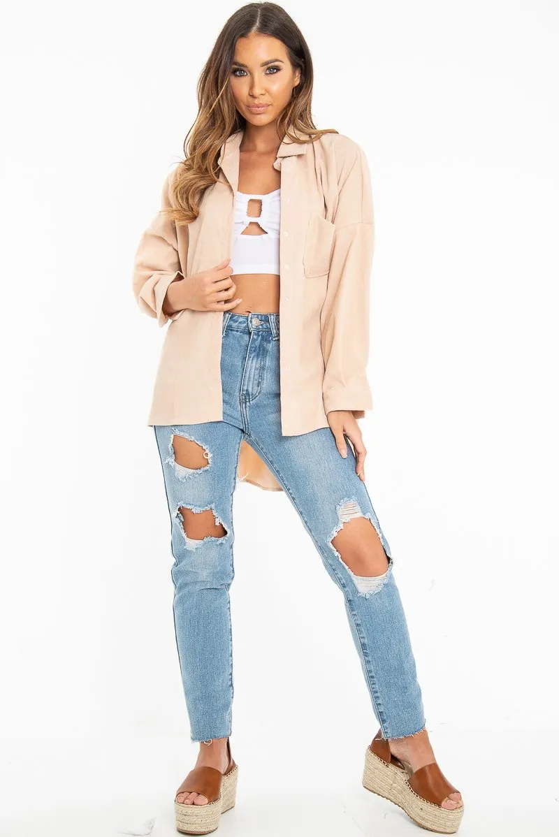 Beige Corduroy Button Front Oversized Shirt - Kyrah