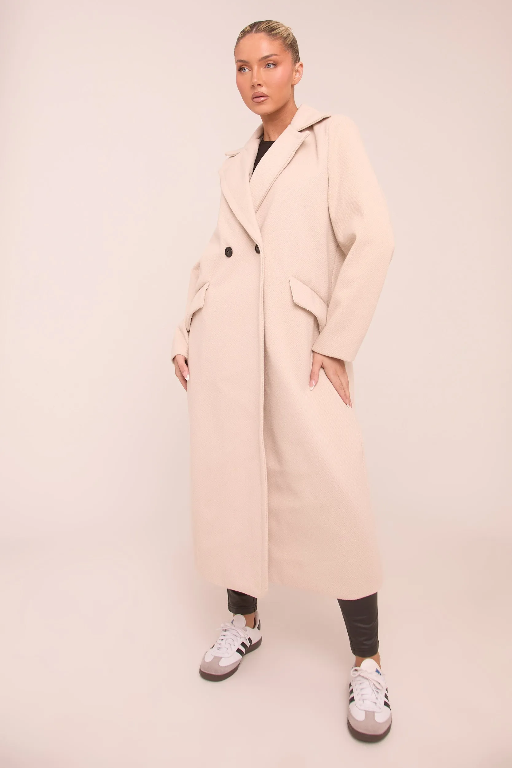 Beige Oversized Double Breasted Longline Coat - Blakely