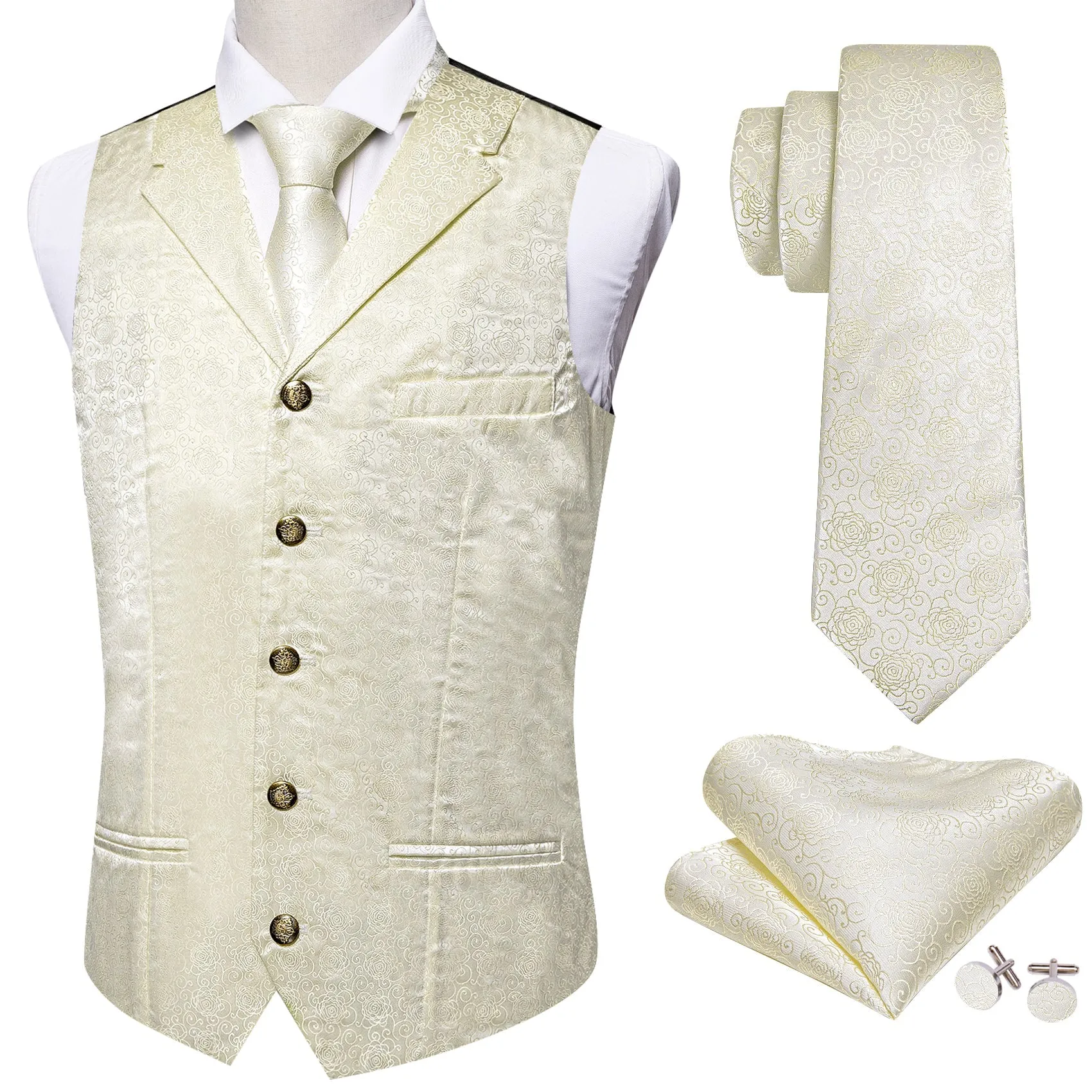 Beige White Champagne Floral Collar Jacquard Silk Men's Vest Hanky Cufflinks Tie Set