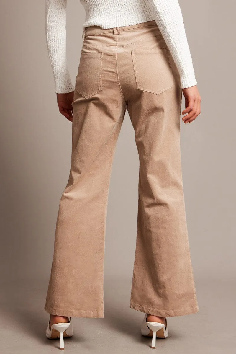 Beige Wide Leg Pants High Rise Corduroy