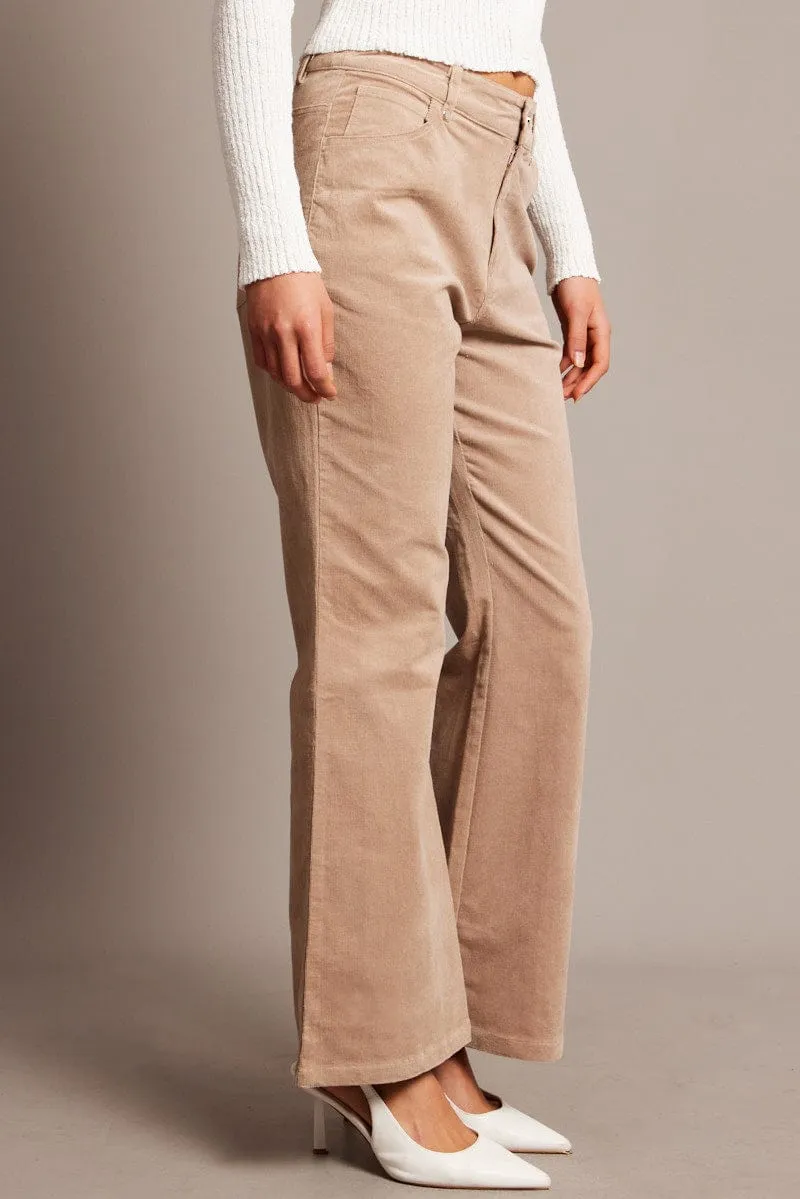 Beige Wide Leg Pants High Rise Corduroy