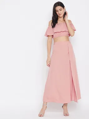 Berrylush Women Solid Pink Off-Shoulder Co-Ord Maxi Dress