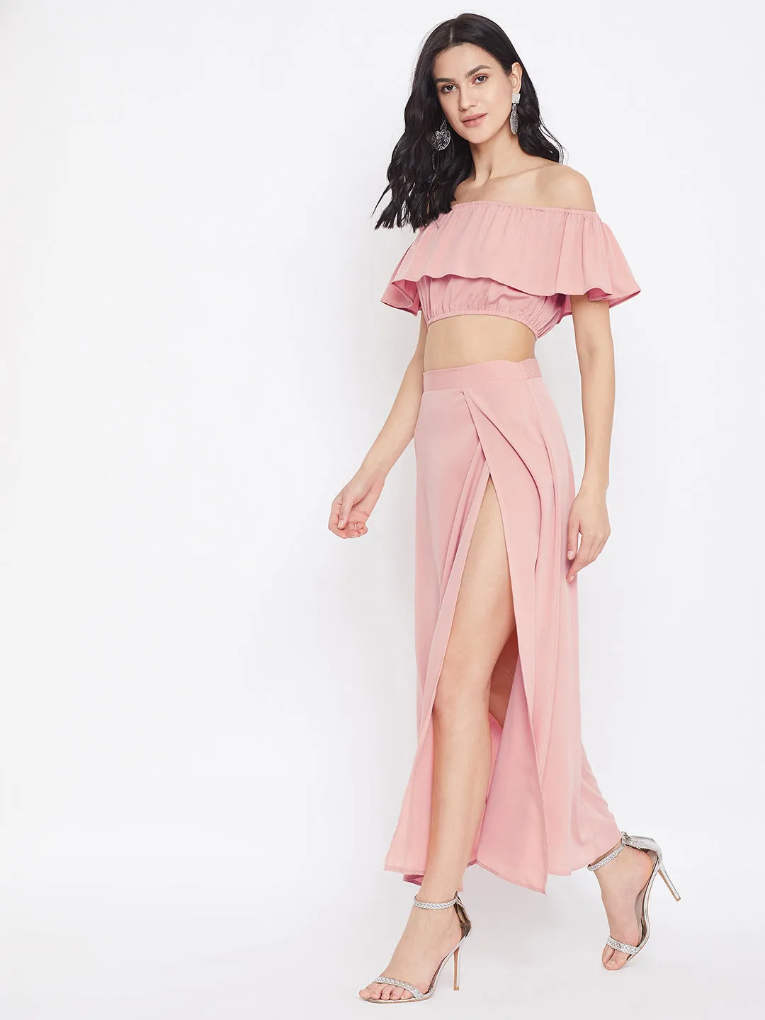 Berrylush Women Solid Pink Off-Shoulder Co-Ord Maxi Dress