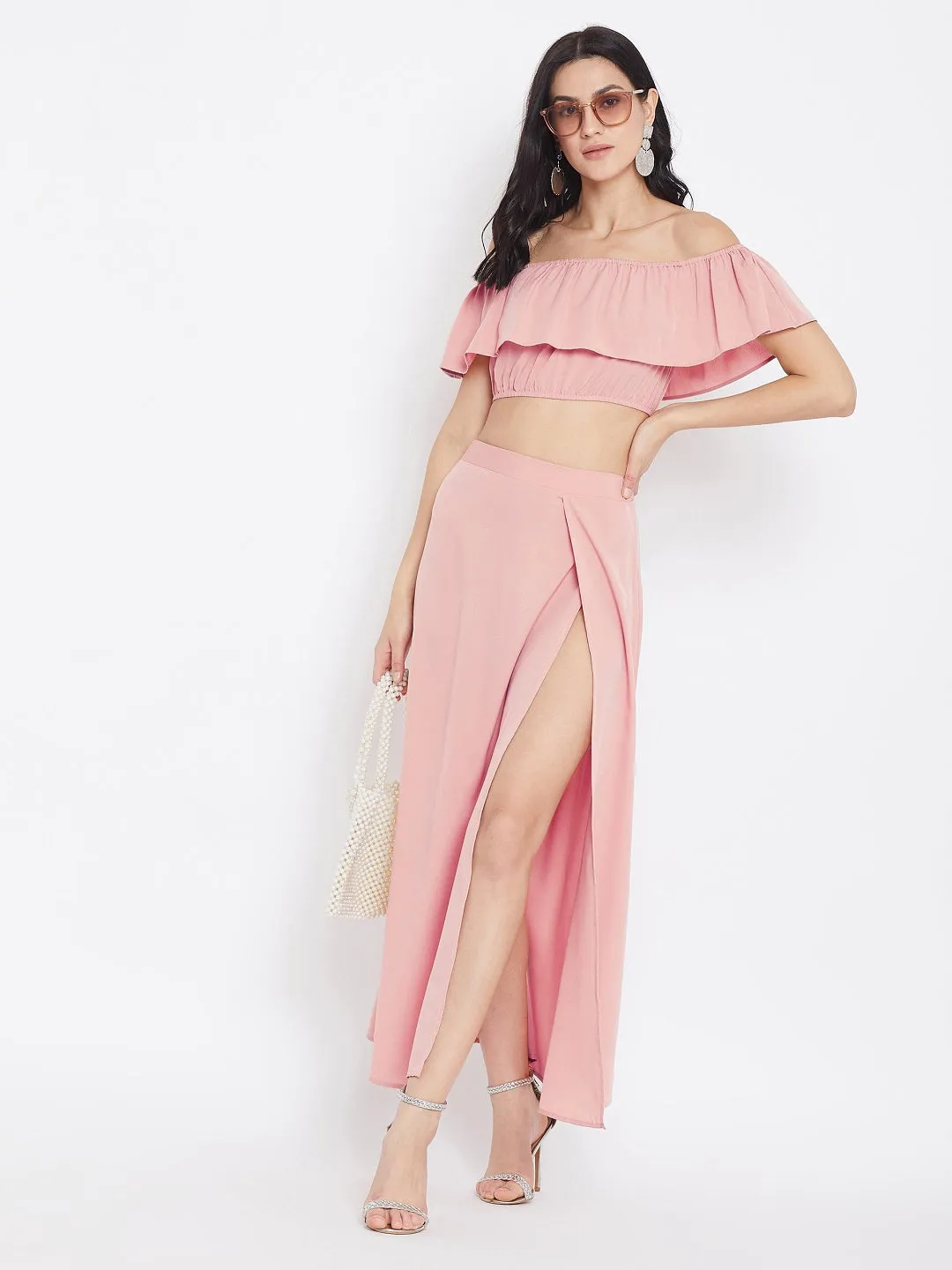 Berrylush Women Solid Pink Off-Shoulder Co-Ord Maxi Dress