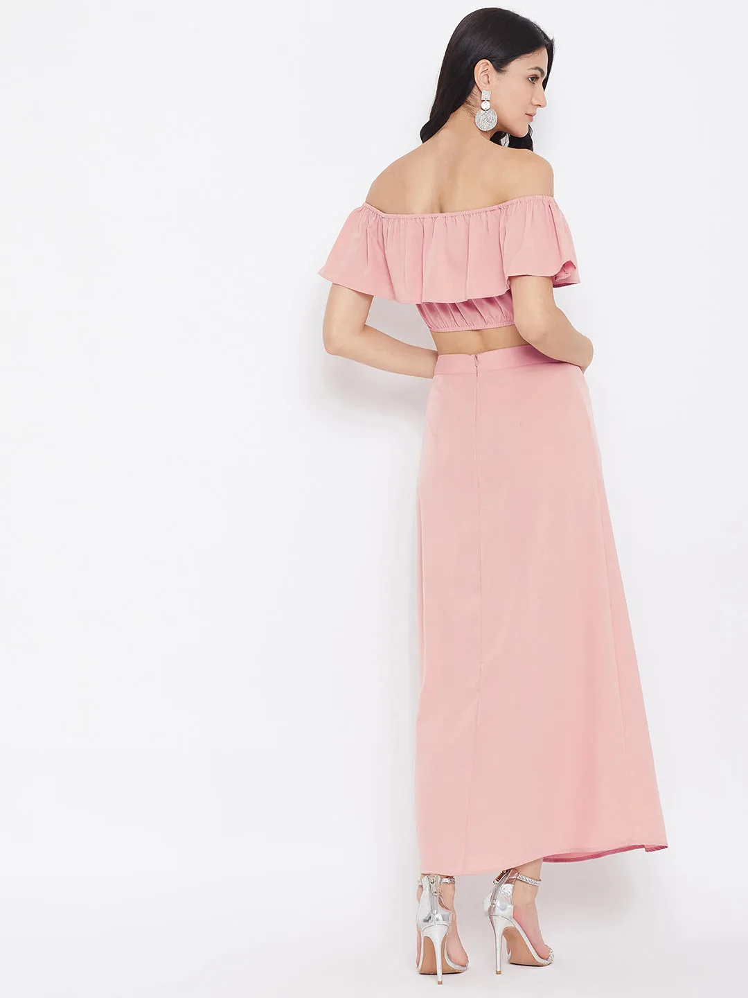 Berrylush Women Solid Pink Off-Shoulder Co-Ord Maxi Dress