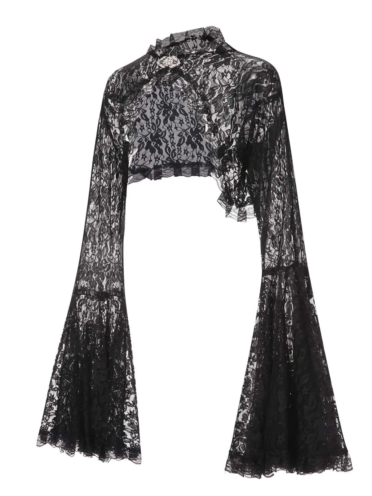 Black 1970s Flare Sleeved Lace Sheer Cape