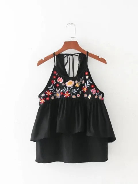 Black Embroidered Sleeveless Ruffle Blouse