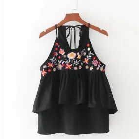 Black Embroidered Sleeveless Ruffle Blouse